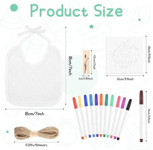 Miniatura 2 de BOUBONI Set de 55 piezas para decorar baberos de bebé DIY Incluye 10 baberos blancos 12 marcadores de tela 12 plantillas 20 pinzas para la ropa 1
