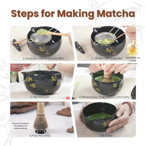 Miniatura 6 de Juego de batidor de matcha, 8 piezas de oro de flor de ciruelo para ceremonia de té japonesa, cuenco de cerámica con boquilla, batidor de bambú