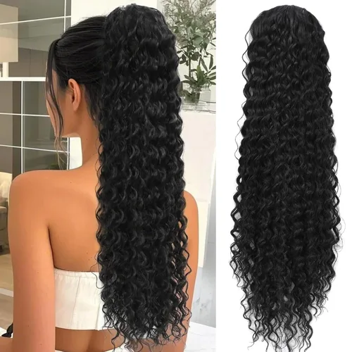 Miniatura 15 de Matriarchs Extensión de cola de caballo corta y rizada con cordón para mujer, pieza de cabello sintético largo afro rizado esponjoso para uso diario
