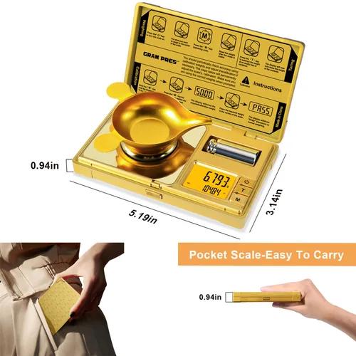 Miniatura 3 de GRAM PRES Balanza de miligramo de alta precisión, 50g/0.001g, báscula digital mini de bolsillo, báscula de gramos para pesar polvos, joyas, Dorado