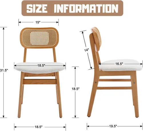 Miniatura 2 de ROCITY Juego de 4 sillas de comedor de ratán, sillas de comedor de lana de cordero blanca, sillas de cocina de madera natural, sillas de granja