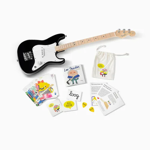 Fender x Loog - Guitarra eléctrica Stratocaster de 3 cuerdas para niños, kit para principiantes de 3 cuerdas (Negro)