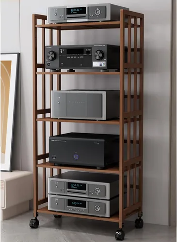 Miniatura 8 de Estantes de esquina de madera, gabinete de componentes, torre de audio estéreo con estantes de madera ajustables en altura, soporte para medios AV