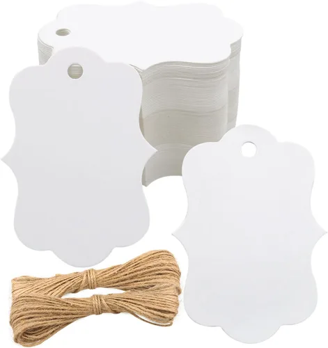 joycraft 100 etiquetas de papel blanco, etiquetas de papel en blanco de 2.7 x 2 pulgadas con cuerda, etiquetas de precio festoneadas, etiquetas
