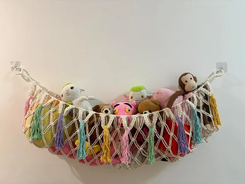 Miniatura 8 de Hamaca bohemia para animales de peluche, red grande de almacenamiento de juguetes de 51 pulgadas para juguetes de peluche, organizador de pared