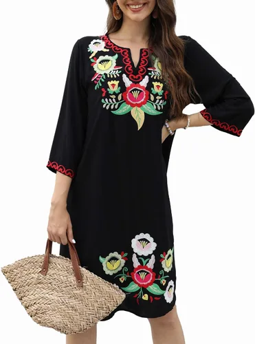 Miniatura 5 de Vestido bordado mexicano para mujer, vestidos bordados florales para mujer, estilo bohemio, campesino, manga 34, vestido de fiesta, falda casual