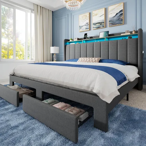Miniatura 12 de Allewie - Base de cama con plataforma de tamaño Queen, tapizada, con cabecero acolchado con botones verticales, 2 niveles de almacenamiento con Gris