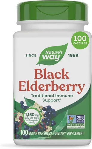 Cápsulas de saúco negro Nature's Way, suplemento tradicional para el apoyo inmunitario* con saúco y flor de saúco, a base de plantas, 100 cápsulas