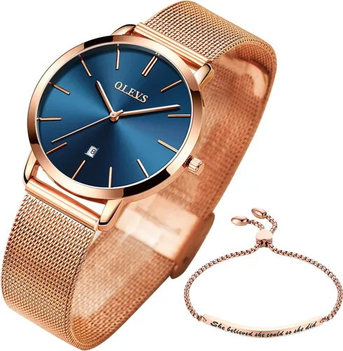 OLEVS - Set de regalo de reloj para mujer, con pulsera de color oro rosa, minimalista, simple, delgado, casual, de vestir, analógico, de cuarzo,
