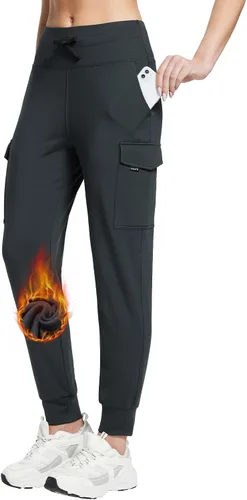 BALEAF Pantalones deportivos con forro polar para mujer, resistentes al agua, térmicos, cintura alta, bolsillos tipo cargo, viajes, invierno
