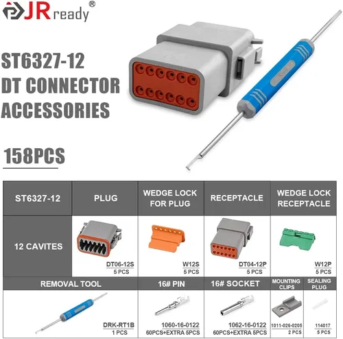 Miniatura 2 de JRready ST6327-12 Deutsch Kit de conectores DT de 12 pines, conectores DT impermeables grises de 12 pines (5 juegos), tamaño 16 contactos estampados