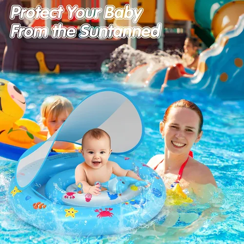 Miniatura 4 de Flotador de piscina para bebé con toldo de protección solar UPF50+, flotador inflable de natación con consola de juegos de animales y bomba de aire