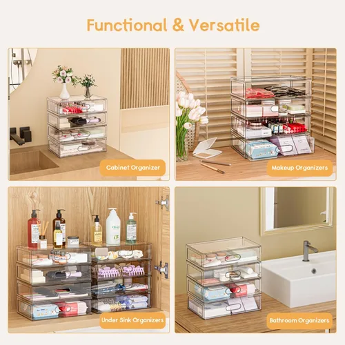 Miniatura 7 de Paquete de 2 cajones transparentes de almacenamiento de maquillaje, organizadores de baño apilables de 12 pulgadas de ancho y cajón