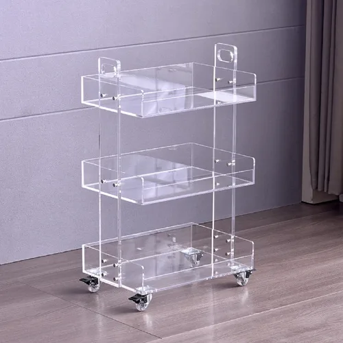 Miniatura 9 de Gdrasuya10 Mesa auxiliar de acrílico transparente con ruedas, mesa auxiliar de acrílico de 2 niveles, carrito de servicio rodante, mesa