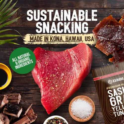 Miniatura 8 de Kaimana Ahi Atún Jerky Kiawe Sal marina ahumada – Suave y sabrosa – Cecina de pescado premium fabricada en los Estados Unidos Alta en Omega 3, 3 PCK