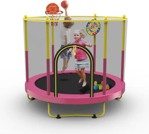 Miniatura 8 de Trampolín de 72 pulgadas para niños con red, trampolín pequeño de 6 pies para interiores y exteriores con aro de baloncesto y tablero de dardos