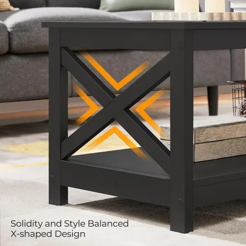 Miniatura 6 de Yaheetech Mesa de centro negra de madera de 2 niveles con estante de almacenamiento para sala de estar, mesa de cóctel con diseño en X, muebles