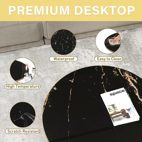 Miniatura 5 de HLR Mesa de centro redonda con tapa de mármol sintético negro