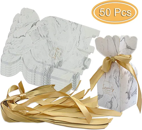 Miniatura 3 de Lontenrea 50 cajas de dulces para boda, fiesta de cumpleaños, caja de regalo con 50 cintas doradas para decoración