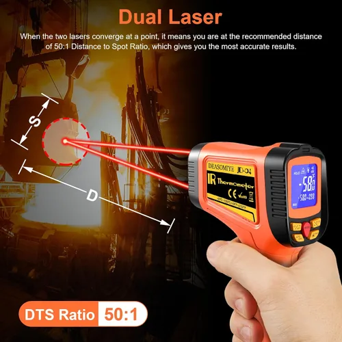 Miniatura 3 de Pistola de termómetro infrarrojo digital de -58°F a 2732°F, pistola de temperatura láser de relación de distancia 50:1 con medición y alarma