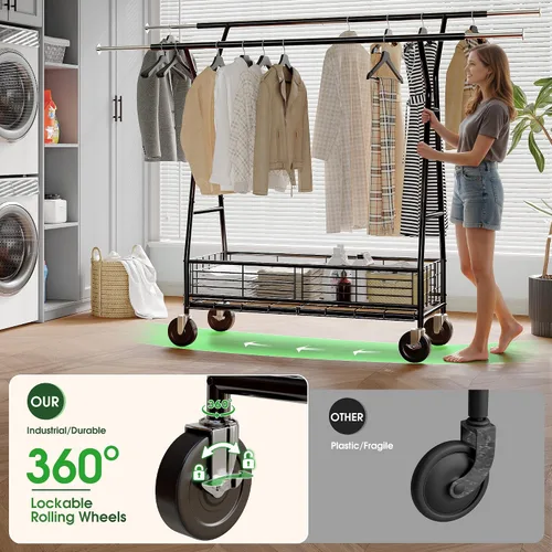 Miniatura 4 de Raybee Perchero resistente de alta capacidad 285KG, perchero para ropa con varillas dobles y cesta de almacenamiento, perchero portátil para ropa