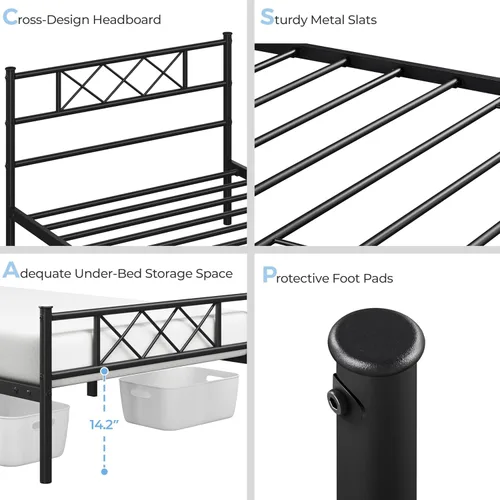 Miniatura 4 de Topeakmart Base de cama de metal negro con cabecero, base de colchón, cama de plataforma, base de cama con listones, tamaño individual