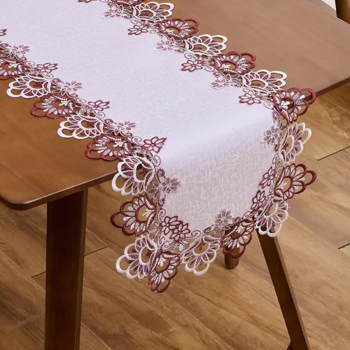 Miniatura 11 de Camino de mesa de lino de encaje rojo oscuro blanco de 36 pulgadas de largo, bufanda de aparador claret, decoración de mesa para Navidad, cocina