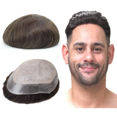 Miniatura 9 de Lordhair Sistema de cabello para hombres inyectado de piel fina cabello humano unido con encaje de diamante, 8 x 10 pulgadas, tamaño base, tupé #1A