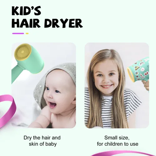 Miniatura 2 de Feekaa Secador de pelo para niños, calor suave de bajo ruido para la piel de los niños, regalo para cumpleaños de niños, Navidad, amarillo-verde