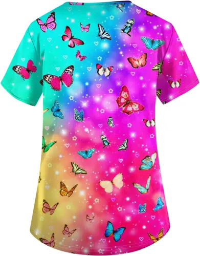 Miniatura 2 de OIOLOYJM Camiseta médica estampada para mujer, cuello en V, manga corta, talla grande, uniformes de enfermería, camisas con bolsillos