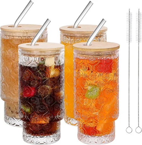 Miniatura 10 de Vasos de vidrio vintage con tapas y pajitas de bambú de 16 onzas, vaso vintage en relieve floral tazas de vidrio para whisky, cerveza, tazas de café