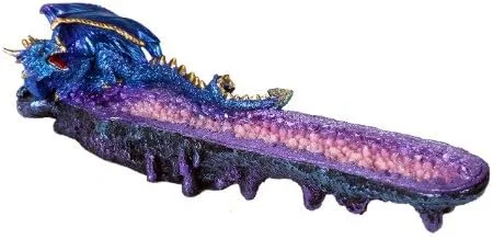 Pacific Giftware Quemador de incienso con palo de cuarzo con piedra preciosa de dragón azul sobre amatista, fantasía medieval, 10.75 pulgadas de