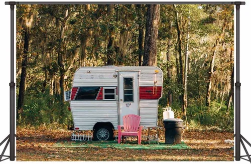 Miniatura 4 de Fondo de campamento para fiesta, campamento, 5 x 3 pies, bosque soleado, caravana, remolque, paisaje de naturaleza, fotografía de fondo, utilería