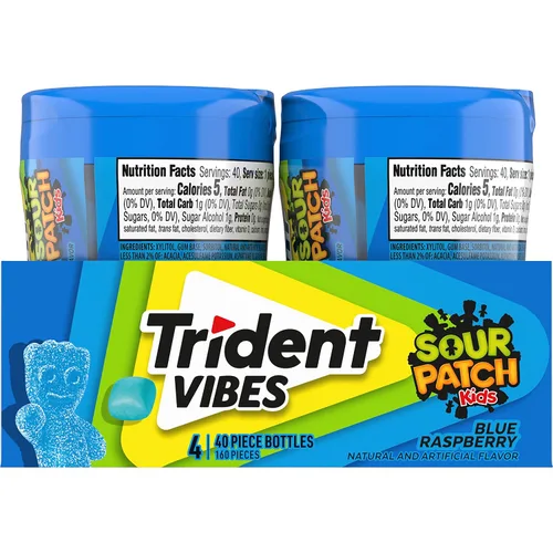 Miniatura 14 de Trident Vibes SOUR PATCH KIDS - Goma de mascar sin azúcar de frambuesa azul, 4 botellas de 40 piezas (160 piezas en total)