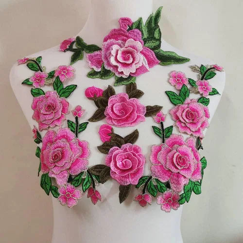 Miniatura 11 de 4 piezas de bordado de flores rosas para coser en parche vestido sombrero bolsa jeans apliques manualidades accesorios de ropa DIY (rojo rosa)