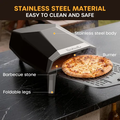 Miniatura 5 de ECOWELL Horno de pizza de gas de 12 pulgadas para exteriores, horno de pizza portátil con piedra, horno de pizza de acero inoxidable para interiores