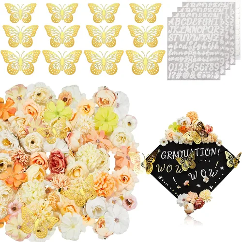 Hanaive Kit de decoración de 76 piezas de birrete de graduación, incluye flores sintéticas 3D mariposa alfabeto letras calcomanías para graduación