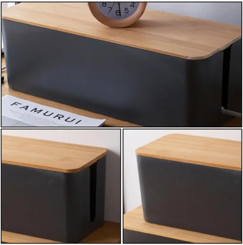 Miniatura 6 de SUPVOX Cable Management Box Cable Wire Case Wood Grain Black Medium Size Power Line Organizer Storage Box for Desk and Home