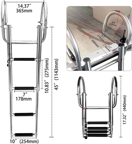 Miniatura 2 de Escalera de barco pontón de 4 escalones, escalera de acero inoxidable plegable telescópica para entrada trasera con barandilla de mano de pedal