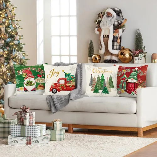 Miniatura 2 de Bonhause Juego de 4 fundas de almohada de gnomos de Navidad de 18 x 18 pulgadas, diseño de árbol de Navidad, camión rojo, para sofá, hogar