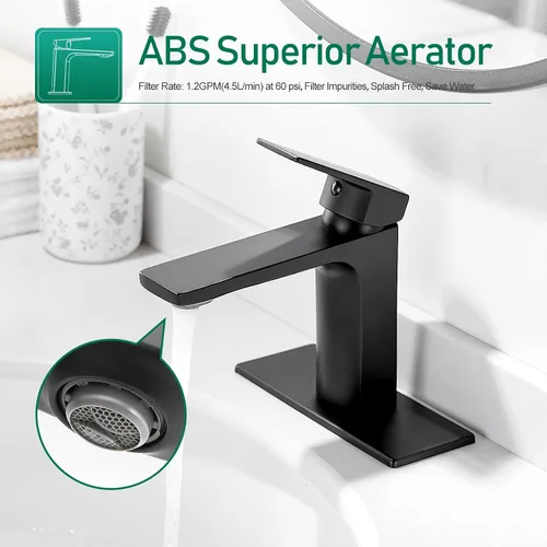 Miniatura 2 de VOTON - Grifo de baño negro mate, de un solo agujero, llave de fregadero de baño para 1 o 3 agujeros con placa de cubierta y manguera, lavabo, RV