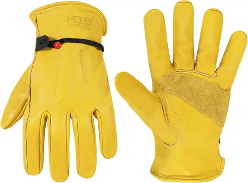 Miniatura 15 de HANDLANDY Guantes de jardinería de cuero para hombre, guantes de trabajo utilitarios para mecánicos, construcción, conductor 3 pares amarillo