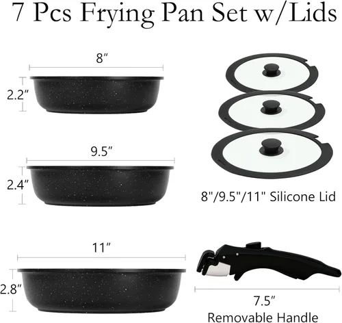 Miniatura 2 de ESLITE LIFE Juego de sartenes antiadherentes de cerámica con tapas y mango desmontable, sartenes de cocina no tóxicas para tortilla de huevo, Negro