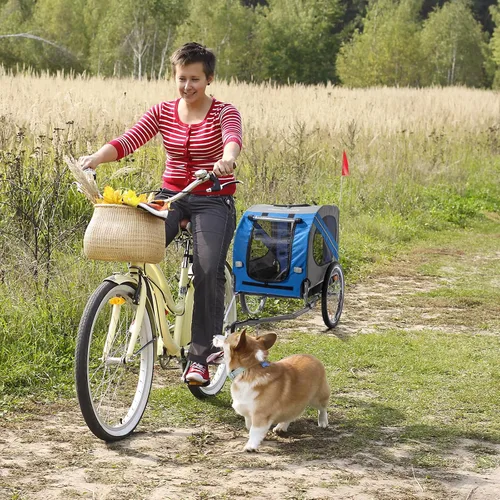 Miniatura 9 de PEXMOR Remolque de bicicleta para perros, carrito plegable para mascotas con enganche universal, transporte de carga para perro y ruedas de Azul