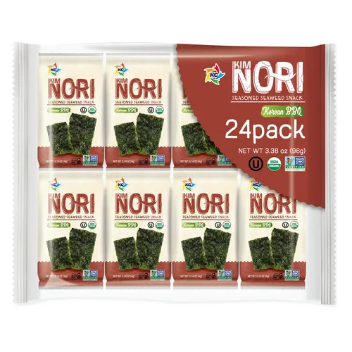 Miniatura 9 de KIMNORI Hojas de bocadillos de algas marinas sazonadas – Sabor dulce y picante con sal marina orgánica 24 paquetes individuales tostados crujientes