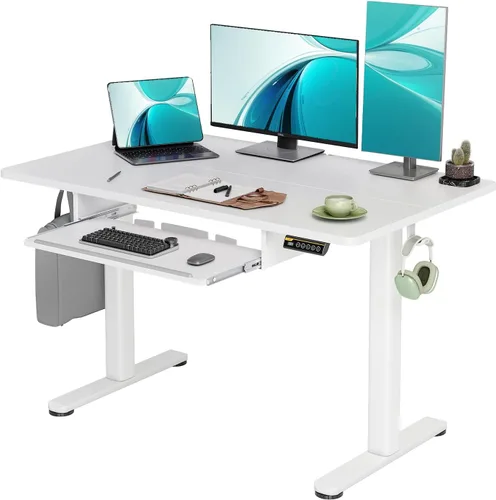 Claiks Escritorio de pie con bandeja para teclado, escritorio eléctrico de pie de altura ajustable, escritorio de pie de 48 x 24 pulgadas con Blanco
