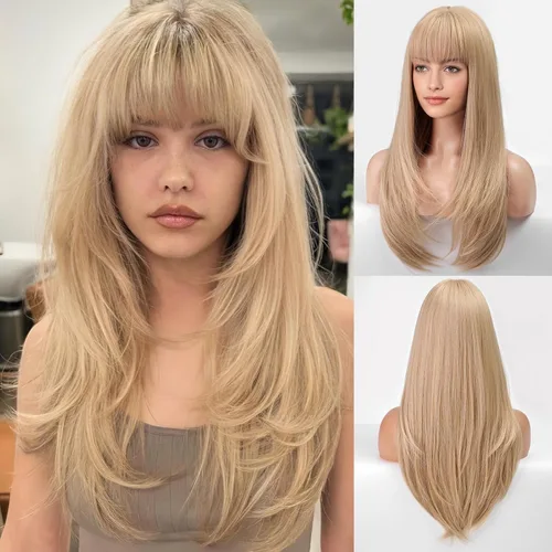 Miniatura 6 de EMMOR Peluca rubia con flequillo para mujer, pelucas largas y lacias, peinado sintético en capas para niñas, fiesta, cosplay y uso diario
