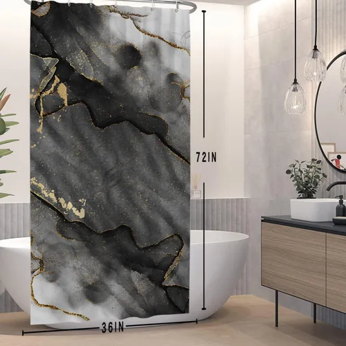 Miniatura 3 de Cortina de ducha de mármol blanco y negro de 36 x 72 pulgadas, tinta de pintura abstracta, textura de arte líquido, líneas agrietadas doradas