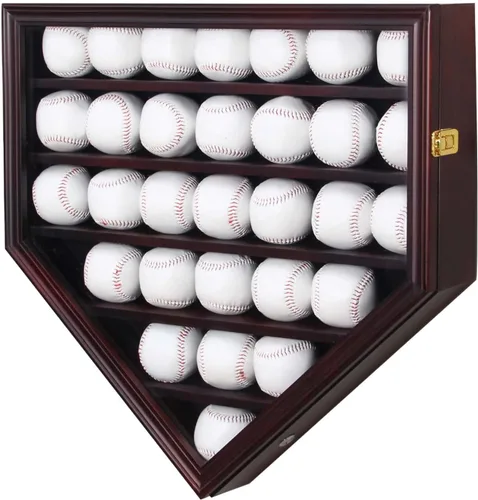 Estuche de exhibición de béisbol, 30 soportes de exhibición de béisbol de madera maciza, gran capacidad y doble bloqueo para montaje en pared, caja