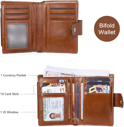 Miniatura 8 de BROMEN Maletín de cuero para mujer 15.6 pulgadas portátil bolso de hombro negro con marrón y mujeres cuero RFID blcoking cremallera cartera marrón